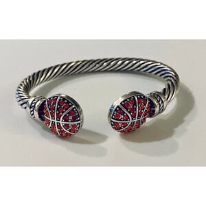 Crystal Basketball Silver Twist Cable Cuff Bracelet